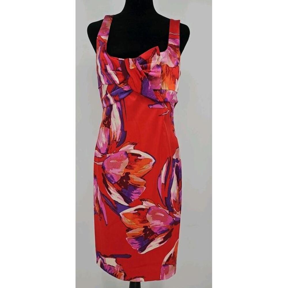 Vintage David Meister Silk Dress 8 Red Floral Bodycon Feminine Sexy